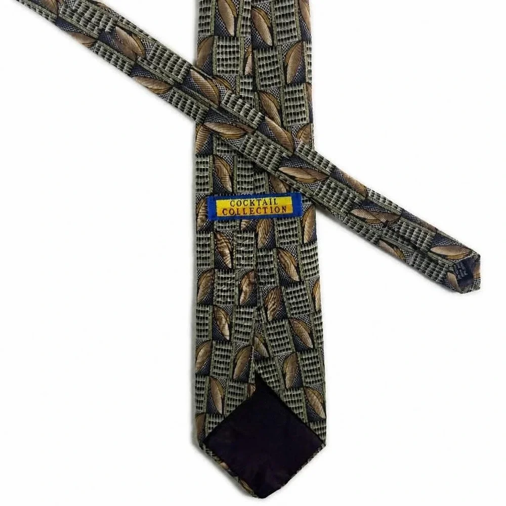 Cocktail Collection Silk Tie Mens Olive Green Tan Blue Geometric Abstract Grid